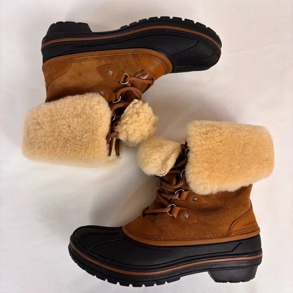 CROCS Allcast Luxe II Boots Waterproof Shearling Mid Calf Snow Boots Brown Sz 8 - Picture 10 of 16